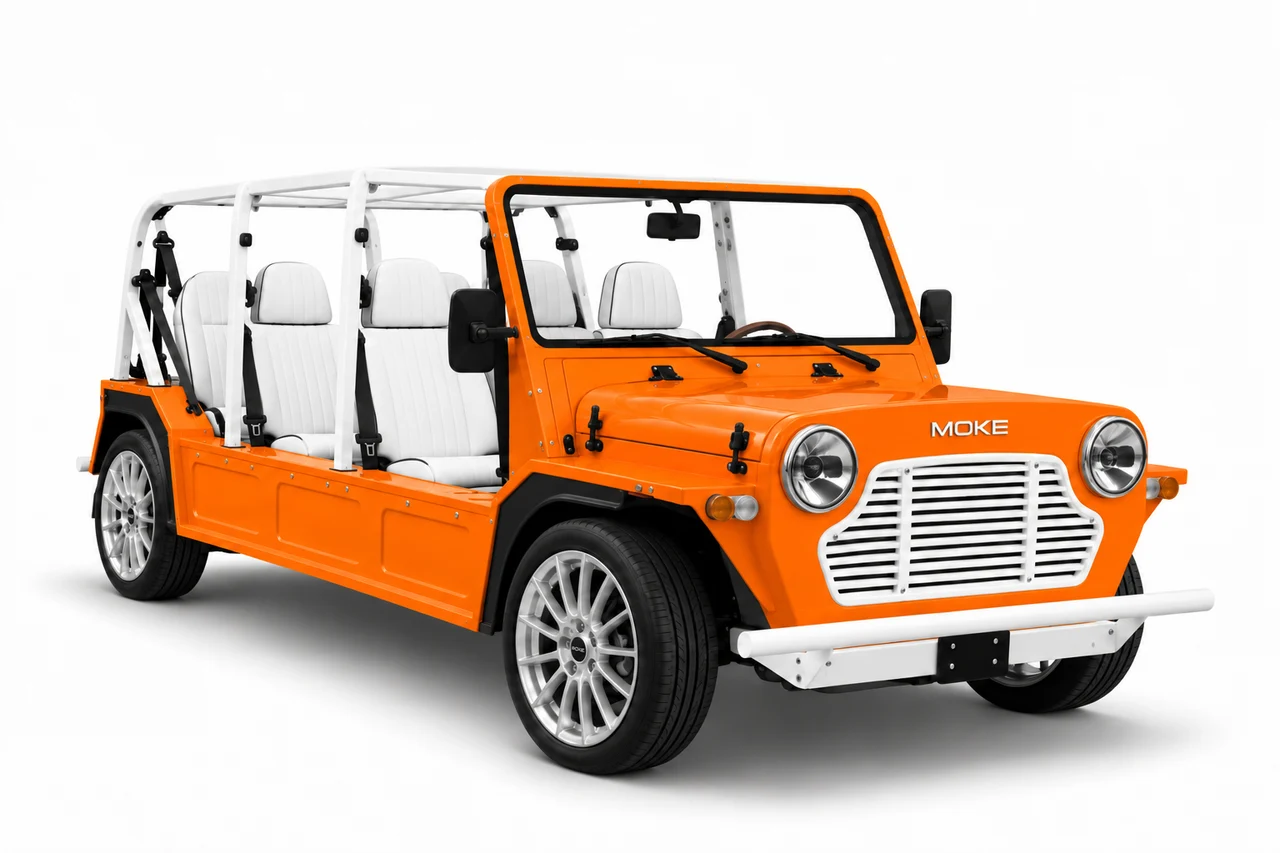 Orange six-seat electric Moke rental in Palm Beach